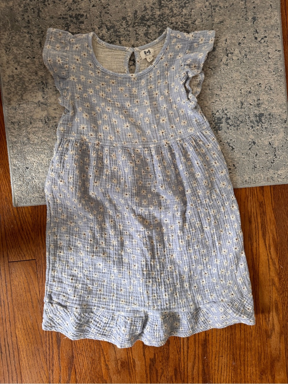 Blue Daisy Cotton Muslin Dress for Girls with Ruffle Sleeve